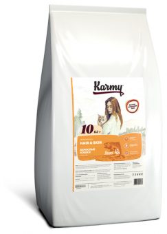Сухой полнорационный корм HAIR AND SKIN для кошек, поддерживающий здоровье кожи и шерсти Лосось Karmy 10 кг.