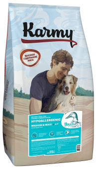 Сухой полнорационный корм HUPOALLERGENIC MEDIUM & MAXI гипоаллергенный для собак средних и крупных  пород Утка Karmy 15 кг.